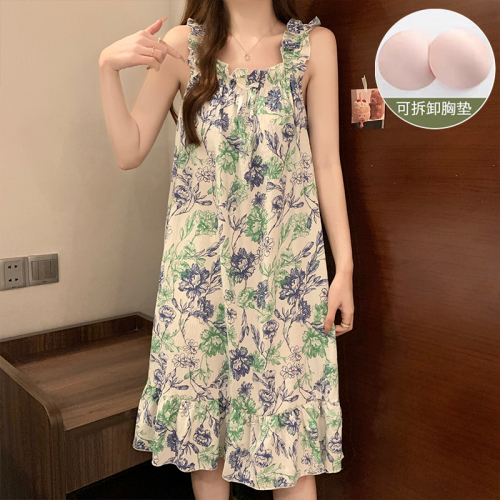 Real shot of Yunduo cotton new summer sling loose large size sexy pajamas women's nightgown with breast pads home clothes