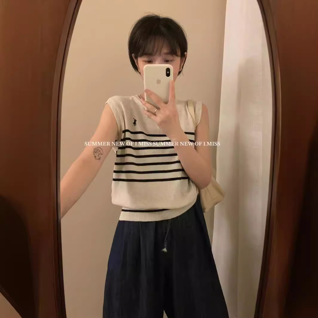 Chic retro summer contrast stripe embroidery design ice silk knitted sleeveless waistcoat vest t-shirt for women
