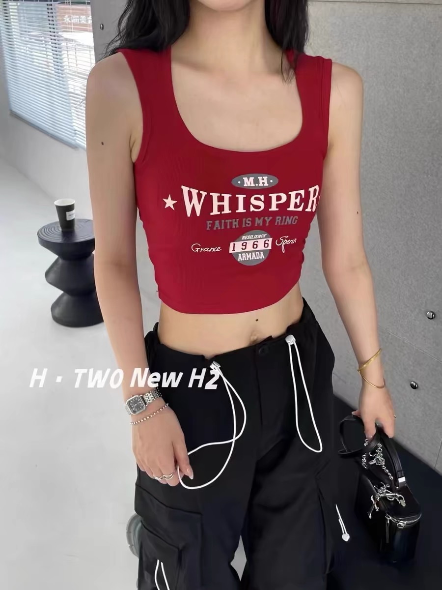 2024 Korean style hot girl fashion letter printed vest with breast pad high waist crop top for women trendy