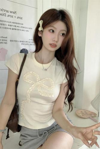 Photographed Summer Korean Style Fitted Square Shoulder Slimming Splicing Bowknot Youthful Pure Cotton Short Sleeve T-Shirt Top