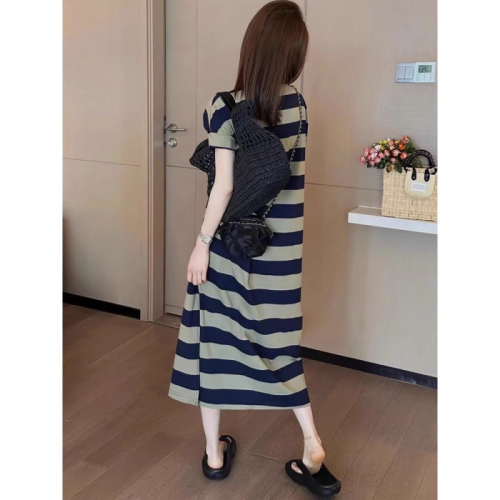 Pure cotton striped petite striped dress women's summer pure cotton loose lazy style long t-shirt dress