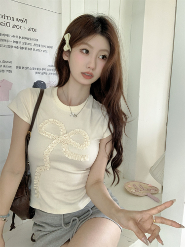 Photographed Summer Korean Style Fitted Square Shoulder Slimming Splicing Bowknot Youthful Pure Cotton Short Sleeve T-Shirt Top