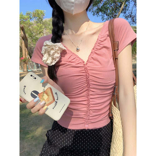 实拍夏季设计感小众高腰褶皱辣妹性感修身短款上衣