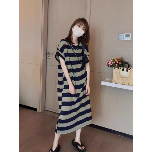 Pure cotton striped petite striped dress women's summer pure cotton loose lazy style long t-shirt dress