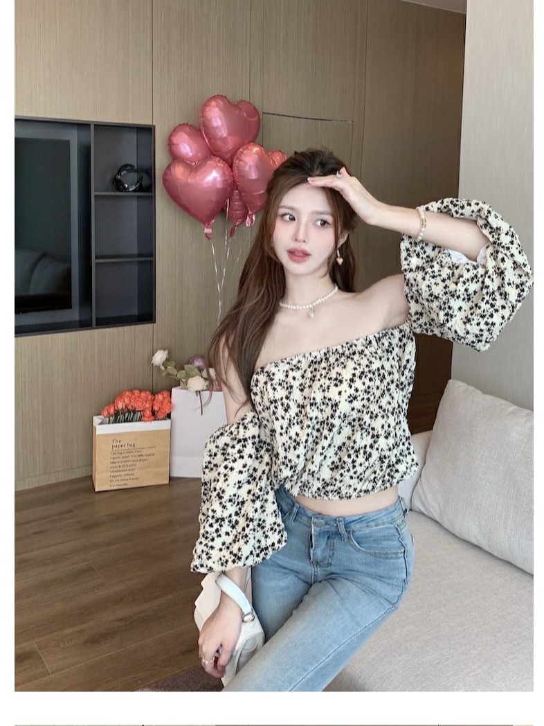 Korean sweet and sexy one-shoulder puff sleeve floral tube top shirt for women summer new short top