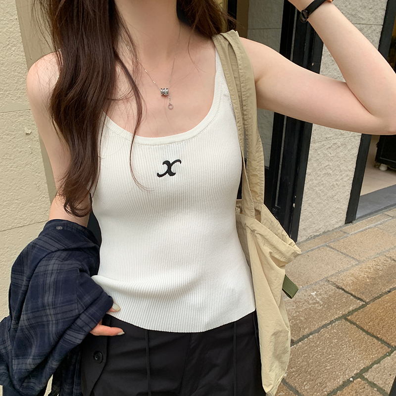 Real photos of American hot girl letter printed threaded knitted suspenders for women summer 2024 new sleeveless inner top