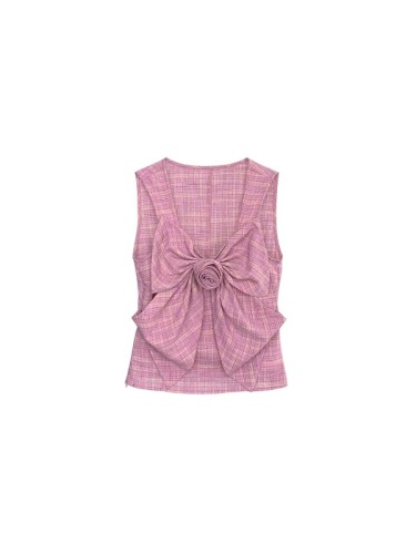 CHICYOU original pink plaid rose flower bow girl pink slim vest top summer