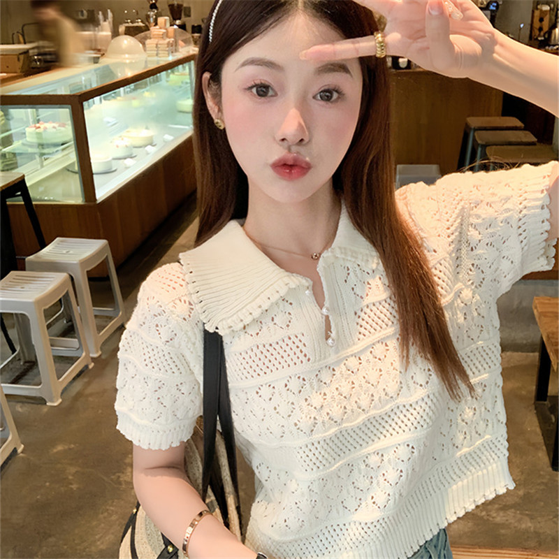 氣質歐尼 白色甜美娃娃領針織T恤女新款小個子可愛短上衣