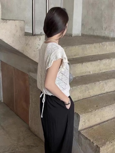 菱格镂空薄款针织短袖女2024新款夏季设计感时尚洋气坎肩短款上衣