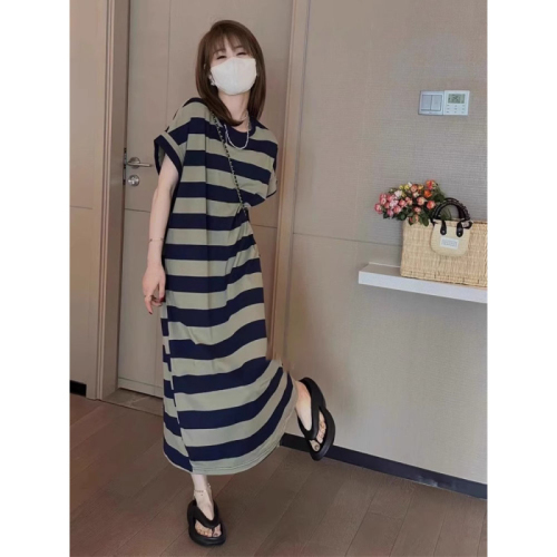 Pure cotton striped petite striped dress women's summer pure cotton loose lazy style long t-shirt dress