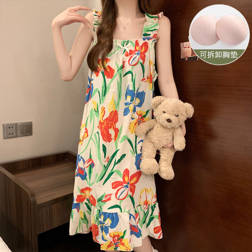 Real shot of Yunduo cotton new summer sling loose large size sexy pajamas women's nightgown with breast pads home clothes