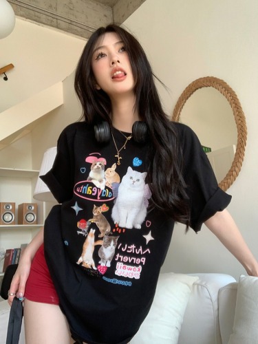 大量  韩国可爱猫咪甜辣露脐短款T恤女修身正肩短袖上衣