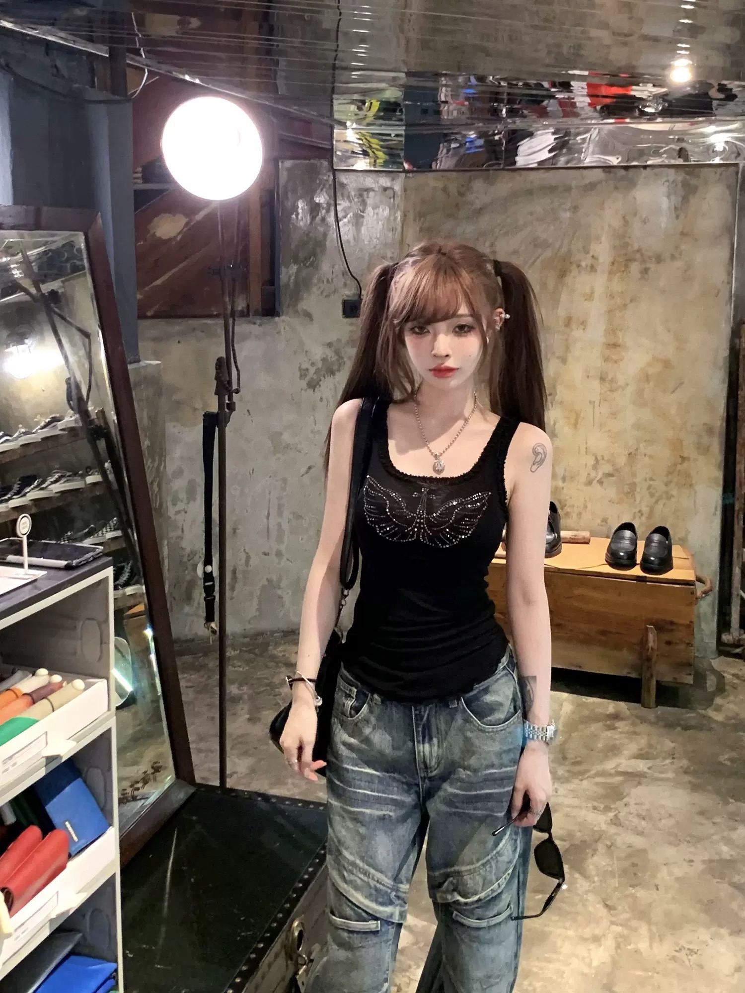 Suuuicee Angel Dream Catcher spliced ​​fungus pure lust mesh sleeveless vest for women multi-color sexy top