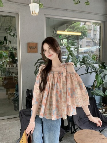 Actual shot ~ French design printed one-shoulder halter top loose puff sleeve two-wear shirt for women