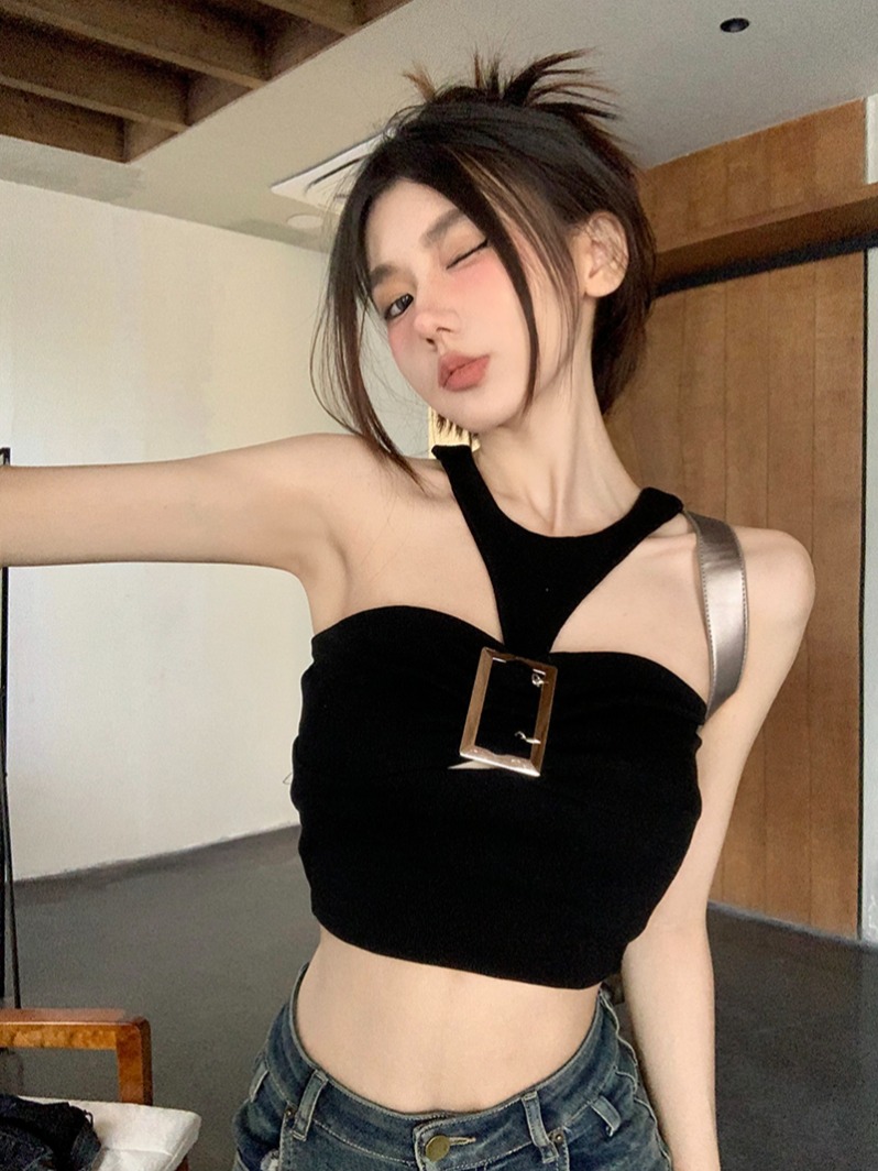 Pure lust sexy hot girl niche temperament slim metal buckle halter top for women