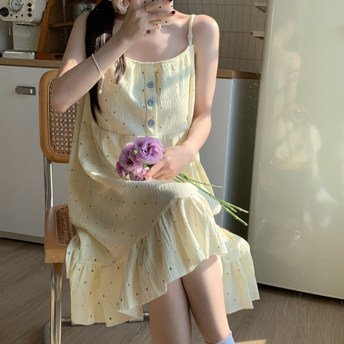 Real shot bark wrinkle summer suspender nightgown summer padded pajamas female sexy thin cartoon home clothes