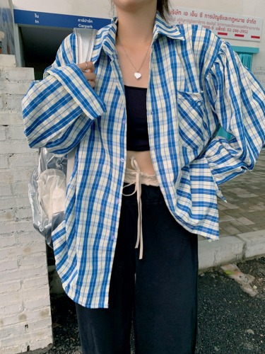 实拍夏季韩版蓝格子衬衫防晒外套女小众设计感薄款Polo领长袖上衣