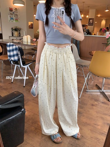 Actual shot~ High-waist ice silk Yamamoto straight wide-leg floor-length pants for women, loose slimming casual polka-dot cool pants