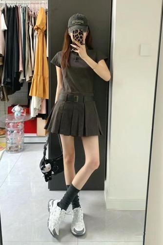 Real shot Summer gray simple polo collar short-sleeved dress fake two-piece pleated skirt