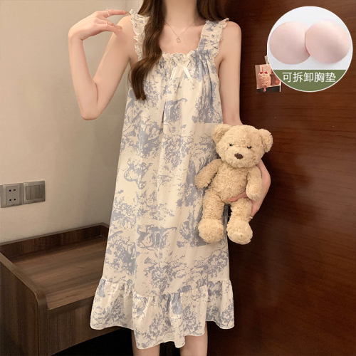 Real shot of Yunduo cotton new summer sling loose large size sexy pajamas women's nightgown with breast pads home clothes