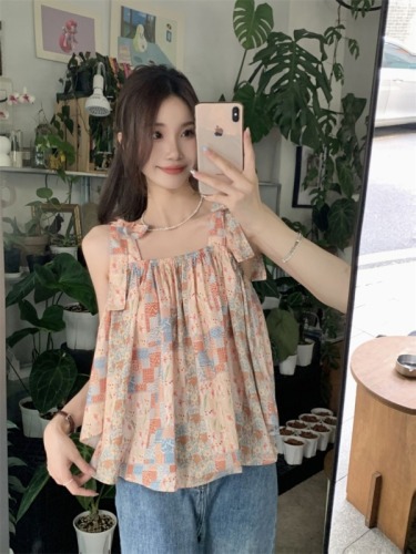 Actual shot ~ French design printed one-shoulder halter top loose puff sleeve two-wear shirt for women