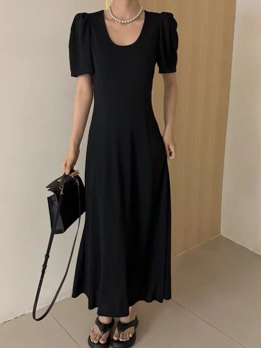 Modern 197 French puff sleeve U-neck dress for women summer Hepburn style waist slimming black long skirt T6529