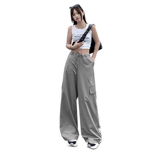 Real shot of overalls for women with parachute quick-drying fabric, American wide-leg pants for women, loose yuppie floor mopping sports long pants