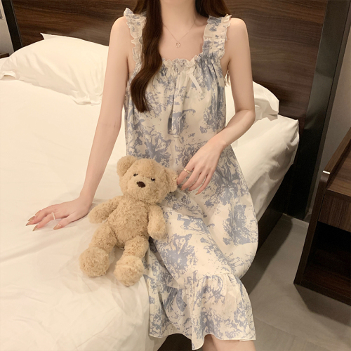 Real shot of Yunduo cotton new summer sling loose large size sexy pajamas women's nightgown with breast pads home clothes