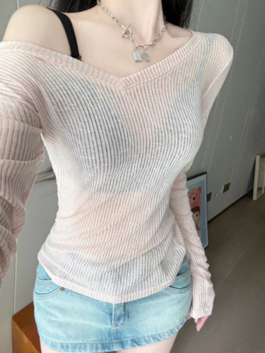 Official photo Mesh V-neck blouse for women in summer slightly see-through tight-fitting long-sleeved T-shirt pure lust style thin top