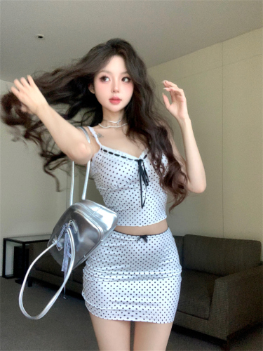 Real shot~Bow knot polka dot small suspender top for women in summer pure lust style sexy hip-covering skirt suit