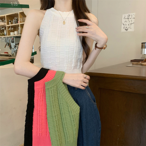 Actual shot of summer Korean style pure lust hottie design plaid versatile knitted vest for women
