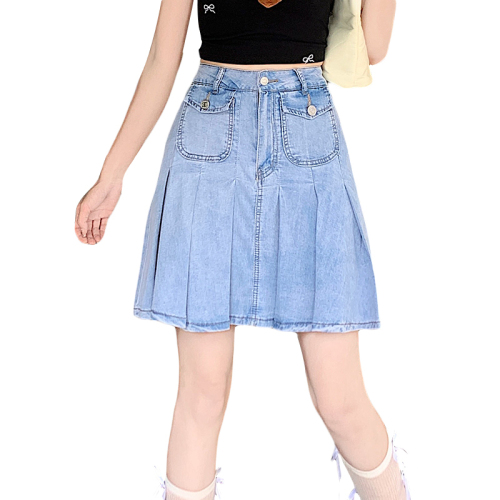 Real shot of denim Tencel fake two-piece culottes style retro skirt for girls high waisted hot girl a line pleated short skirt