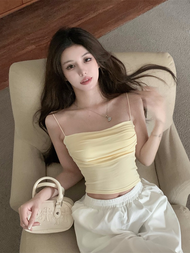 Actual shot~Solid color modal breast pad camisole women's short one-line collar pleated knitted inner top