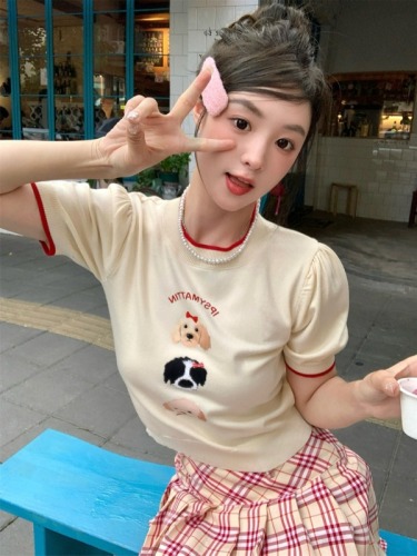 Actual shot ~ Korean style round neck sweet puppy print short slim fit puff short sleeve knitted T-shirt