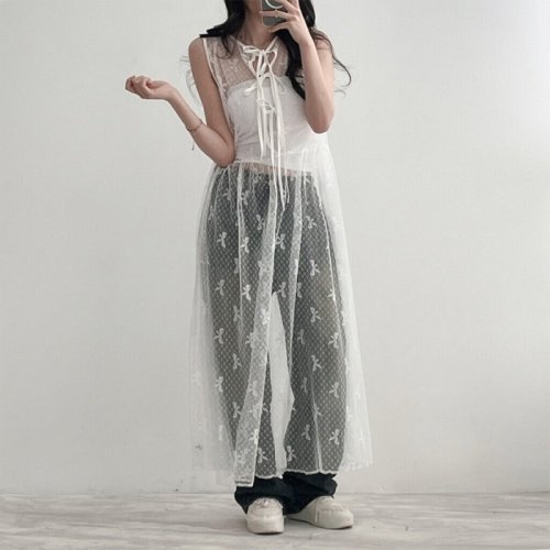 2024 spring and summer versatile Korean ins style layered mesh see-through back strappy lace long skirt sleeveless dress