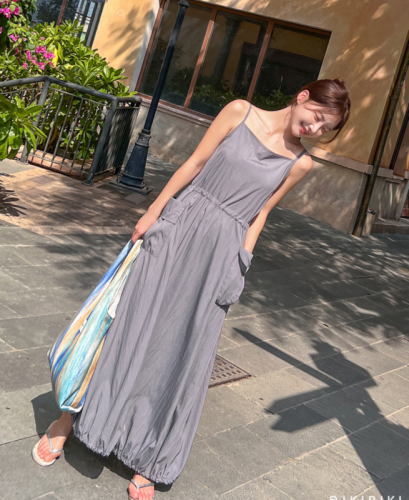 Retro suspender dress women's summer temperament drawstring waist slimming large pocket long skirt