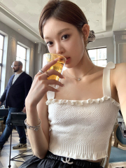 Good Morning Fanfan Three-dimensional rhombus pattern design sweet age-reducing bow shoulder strap vest for women summer slim short top