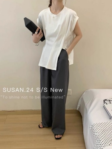 susan2024新款圆领小众夏季韩系开叉上衣设计感飞飞袖气质短袖t恤