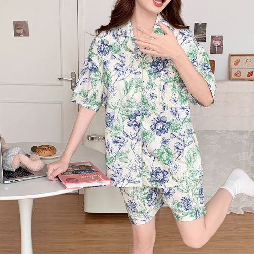 Real shot of imitation cotton new style pajamas with breast pads for women summer short-sleeved shorts thin two-piece set that can be worn outside home clothes