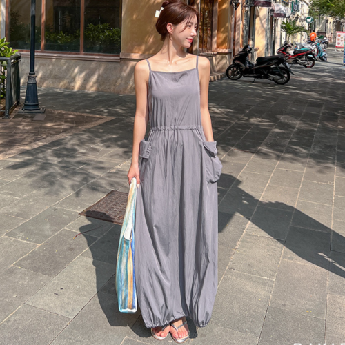 Retro suspender dress women's summer temperament drawstring waist slimming large pocket long skirt