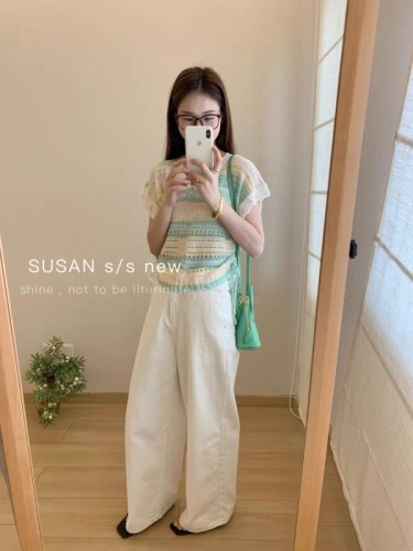 SUSAN2024十三行夏新款时尚休闲百搭绑带彩虹条多巴胺穿搭针织衫