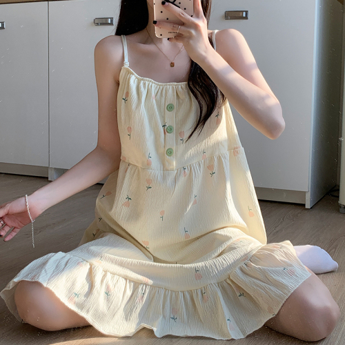 Real shot bark wrinkle summer suspender nightgown summer padded pajamas female sexy thin cartoon home clothes