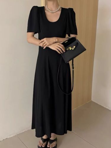 Modern 197 French puff sleeve U-neck dress for women summer Hepburn style waist slimming black long skirt T6529