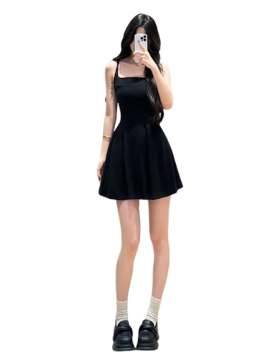 Women's new spring and summer suspender dress sleeveless black niche design coffee break French skirt