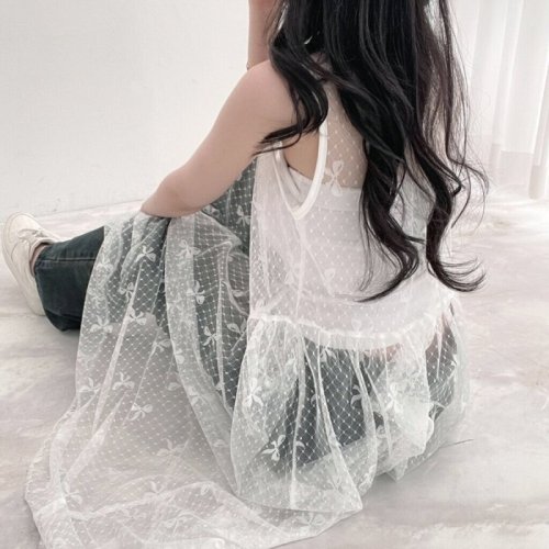 2024 spring and summer versatile Korean ins style layered mesh see-through back strappy lace long skirt sleeveless dress