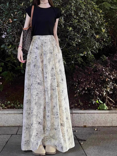 Women's new summer wide-leg pants, loose slimming culottes, high-waisted ink printed new Chinese-style pants, tie-dyed Zen pants