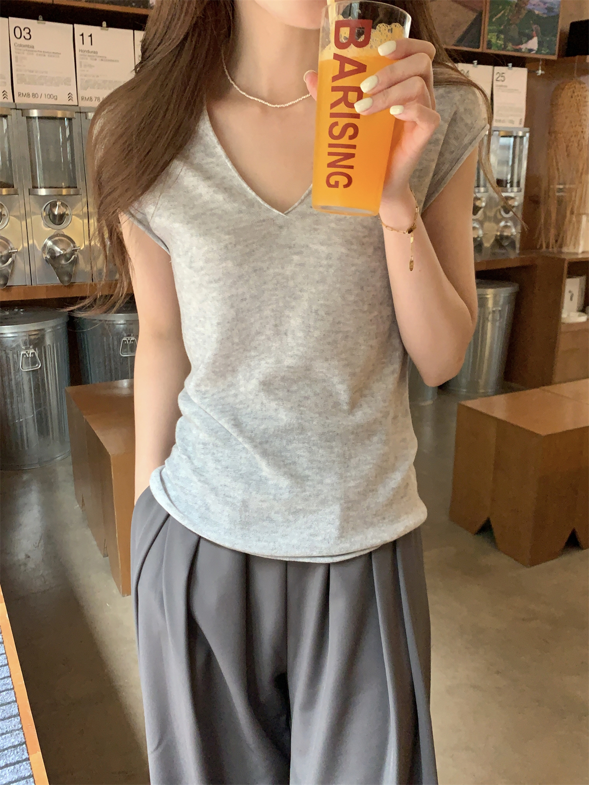 實拍 夏季韓版v領卷邊氣質落肩袖百搭6羊毛純色針織短袖上衣