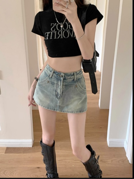 American light-colored denim half skirt for women, summer high-waisted pants skirt, body-hugging mini skirt for petite spicy girls, A-line skirt