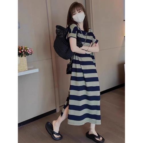 Pure cotton striped petite striped dress women's summer pure cotton loose lazy style long t-shirt dress