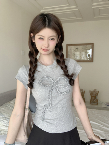Photographed Summer Korean Style Fitted Square Shoulder Slimming Splicing Bowknot Youthful Pure Cotton Short Sleeve T-Shirt Top